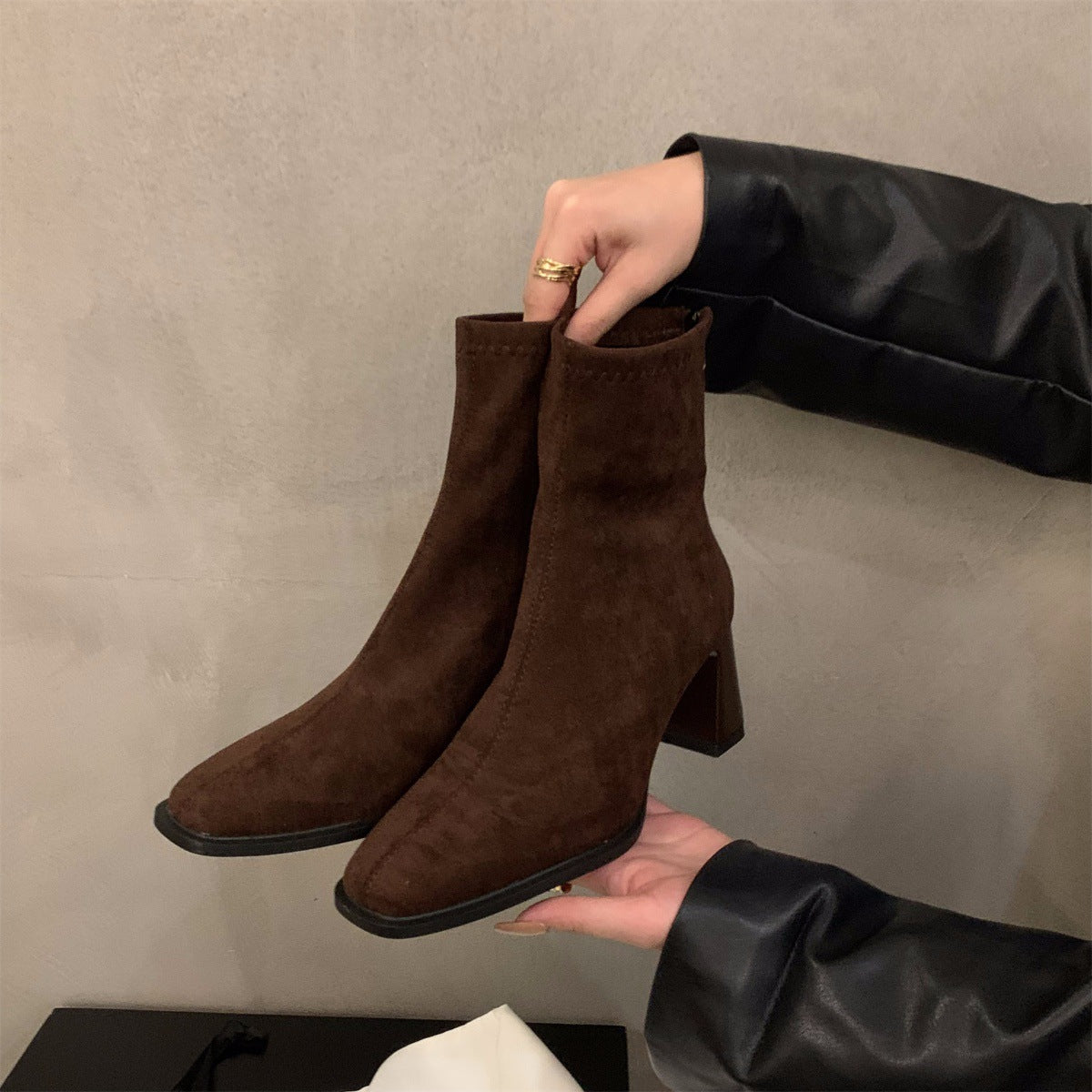 Suede Block-Heel Sock Boots