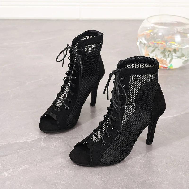 Velvet Mesh Lace-Up Heels