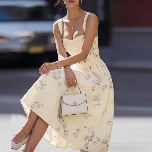 Woman in a floral dress holding a handbag on a blurred street background