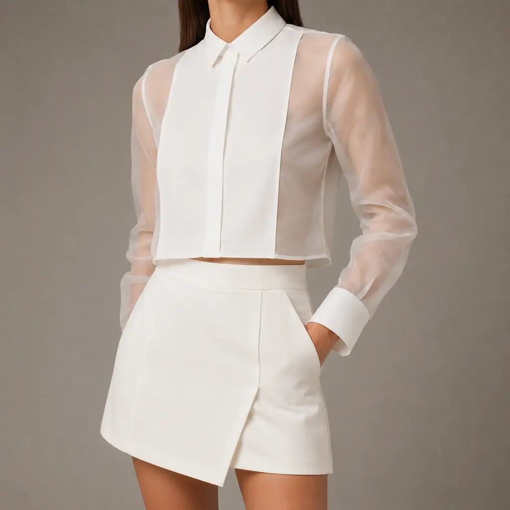 Sheer Panel Cropped Shirt
