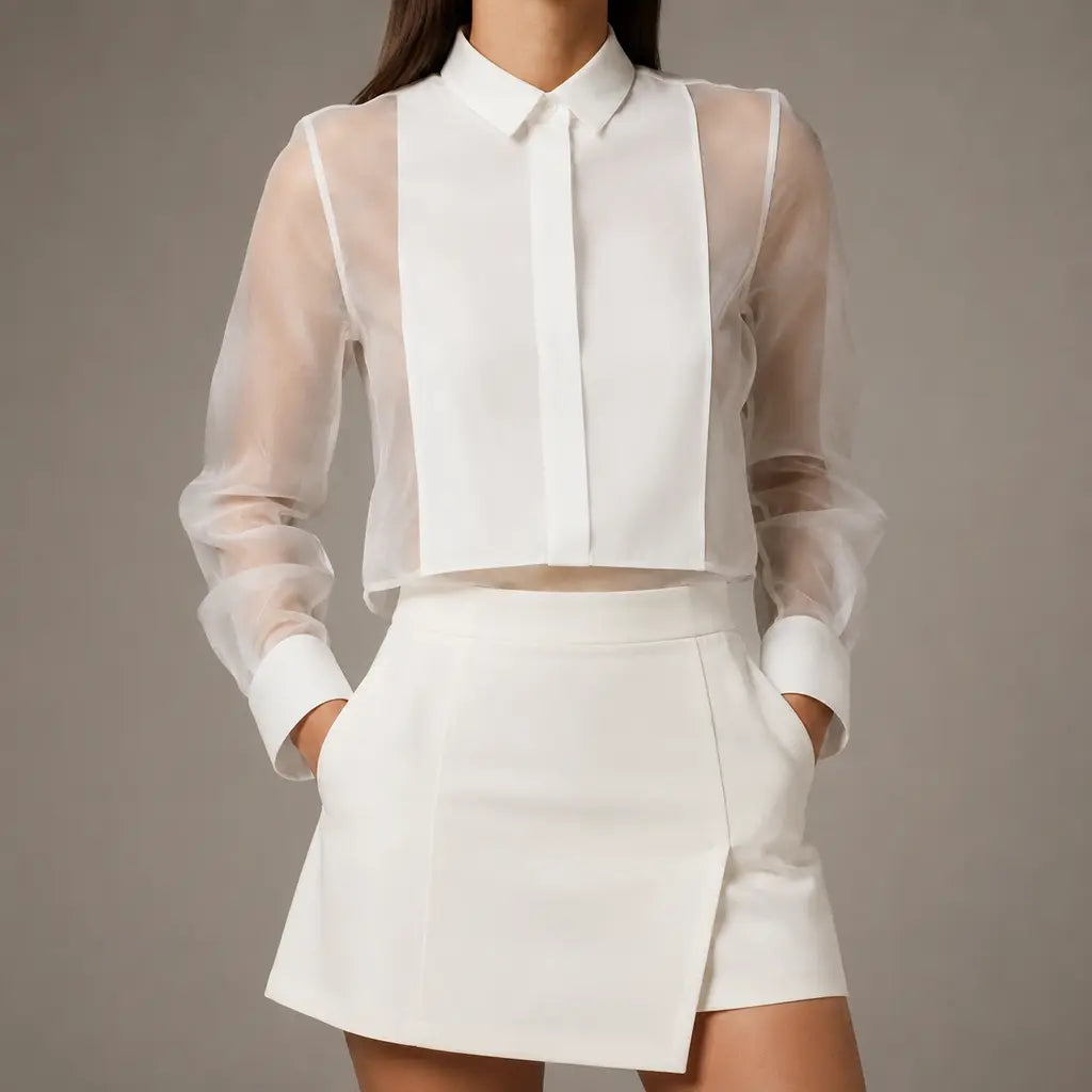 Sheer Panel Cropped Shirt