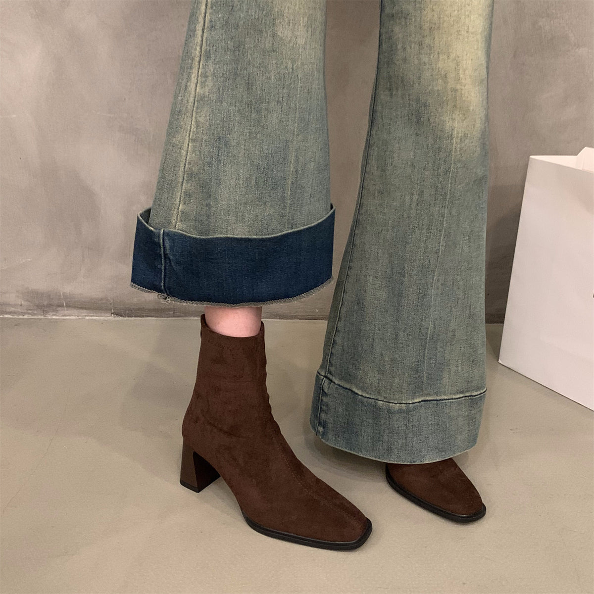 Suede Block-Heel Sock Boots