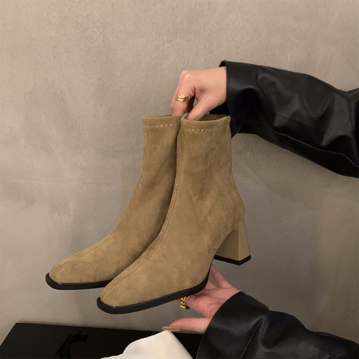 Suede Block-Heel Sock Boots