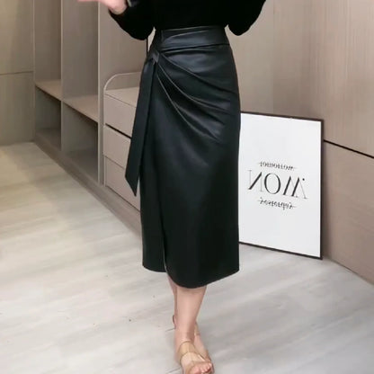 Draped Leather Wrap Skirt