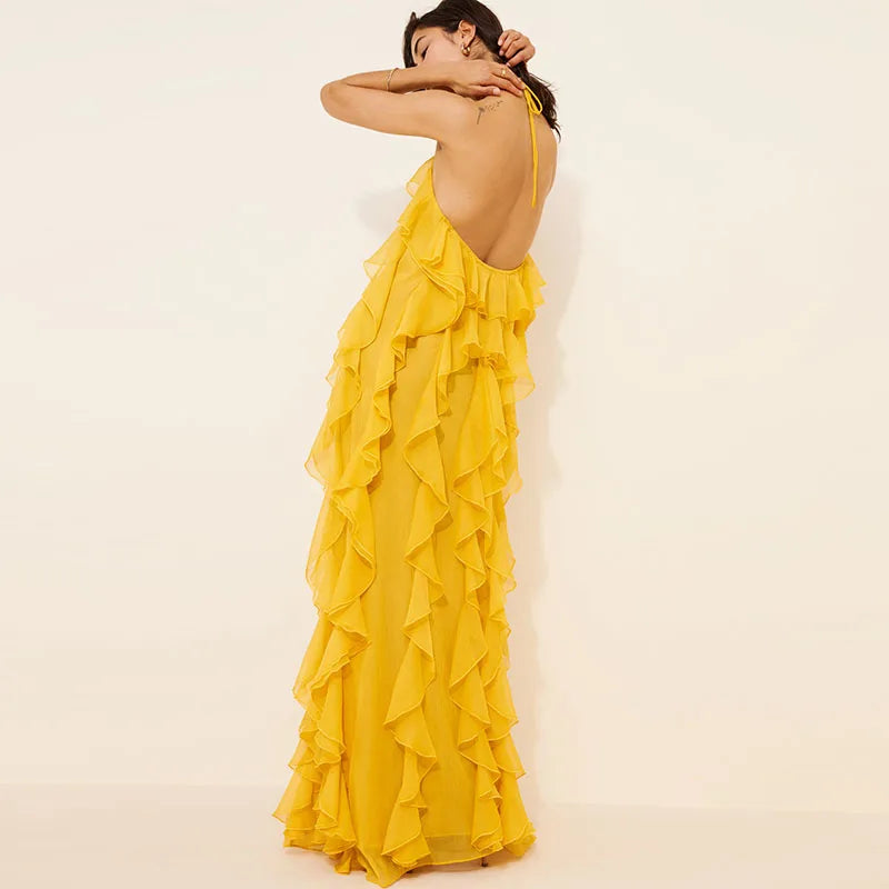 Cascading Ruffle Halter Gown
