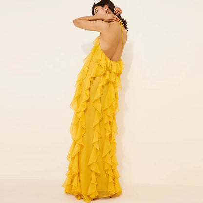 Cascading Ruffle Halter Gown