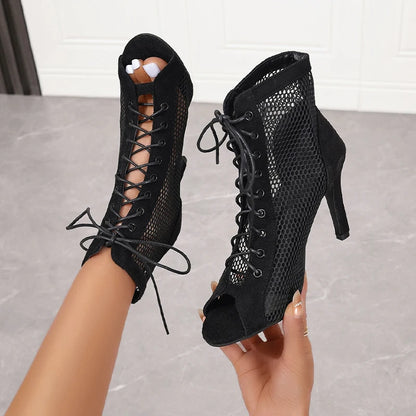Velvet Mesh Lace-Up Heels