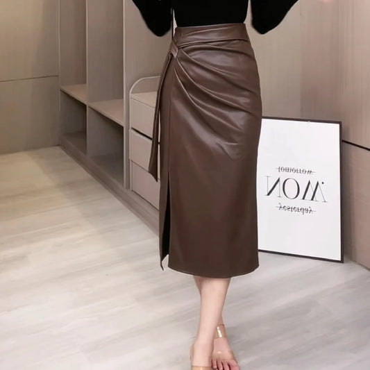Draped Leather Wrap Skirt