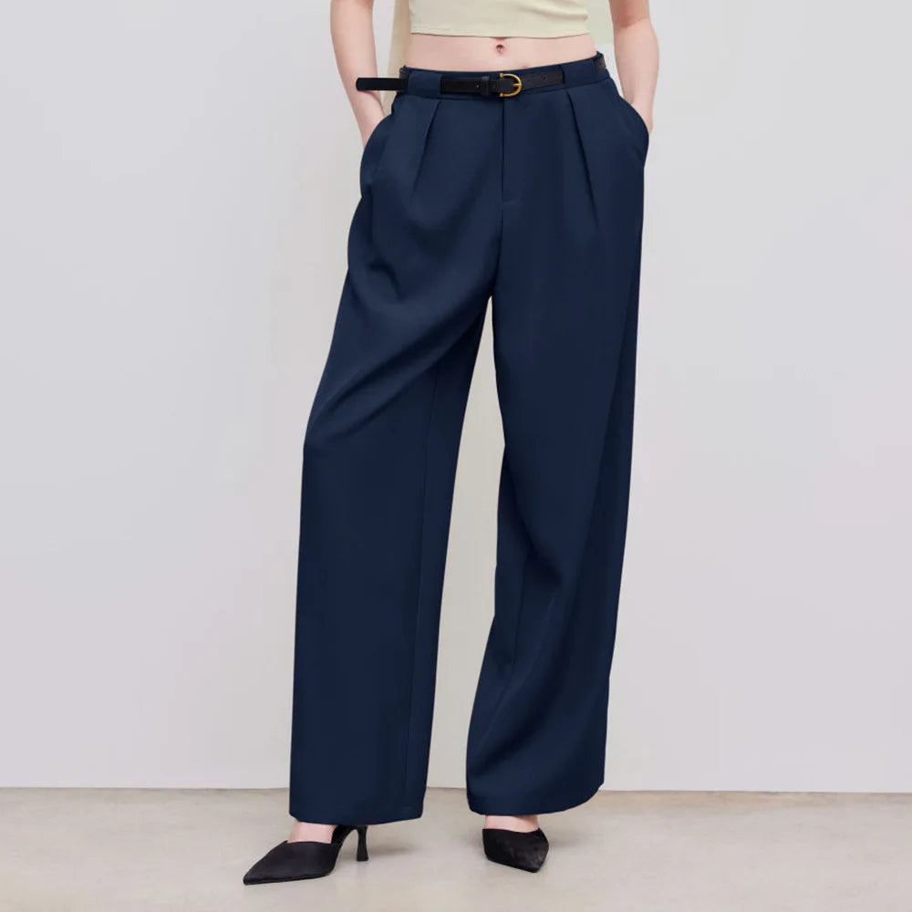 Navy blue wide-leg pants worn by a person on a plain background