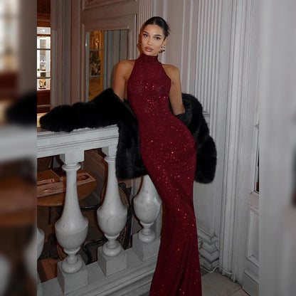 Scarlet Sequin Halter Gown