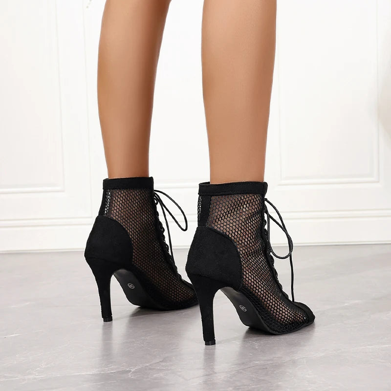 Velvet Mesh Lace-Up Heels