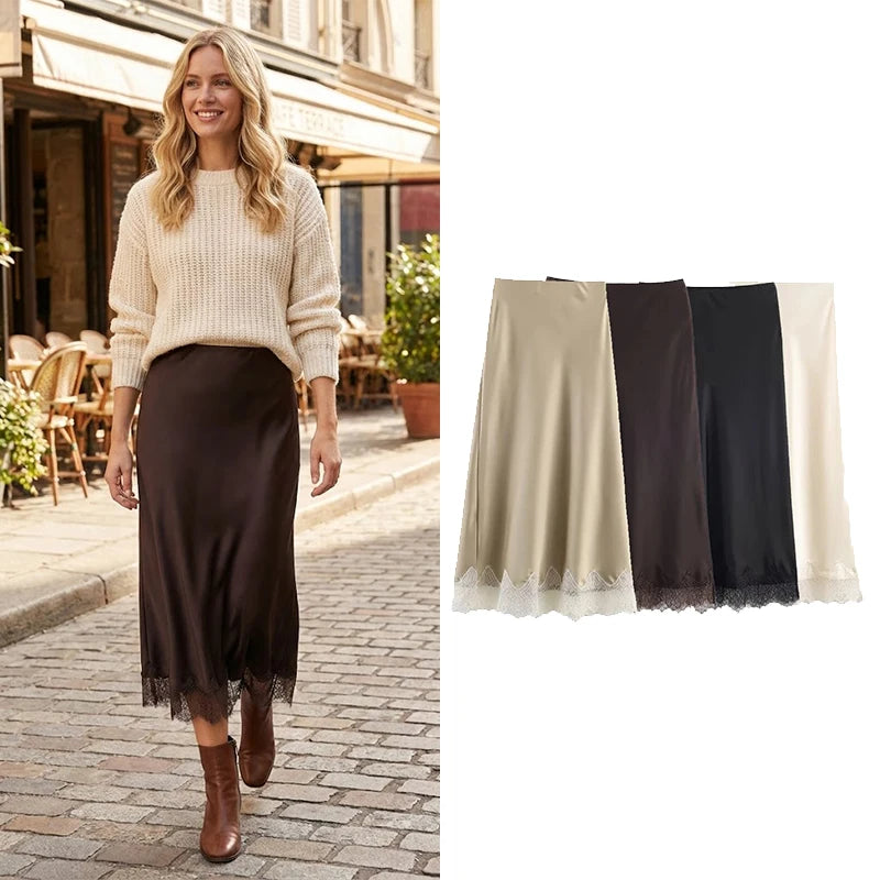 Woman wearing a beige sweater and black skirt on a street, with three different styles of skirts displayed.