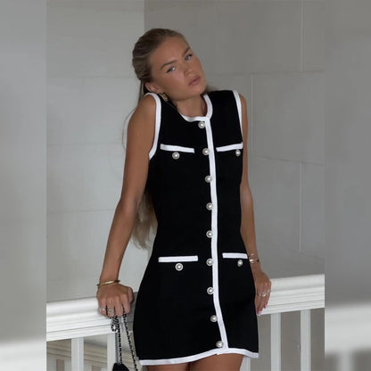 Contrast-Trim Button Dress