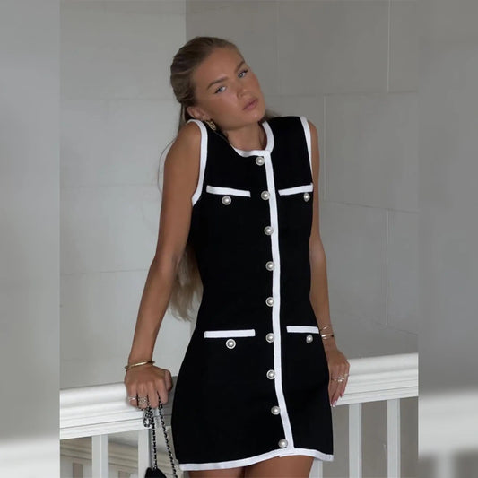 Contrast-Trim Button Dress