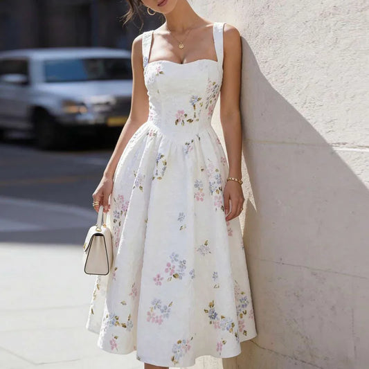 Woman wearing a white floral dress standing against a light-colored wall.