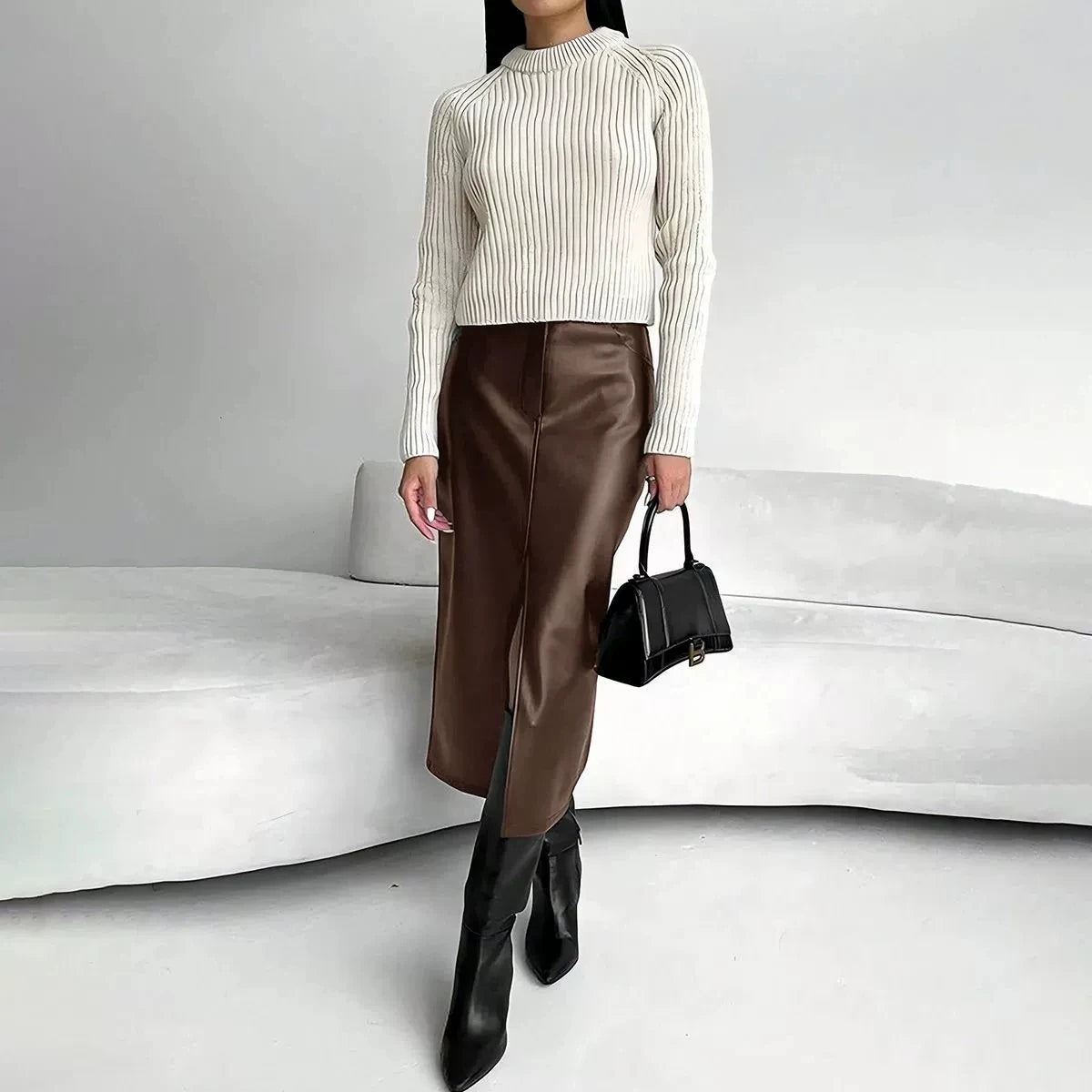 Faux Leather Slit Skirt