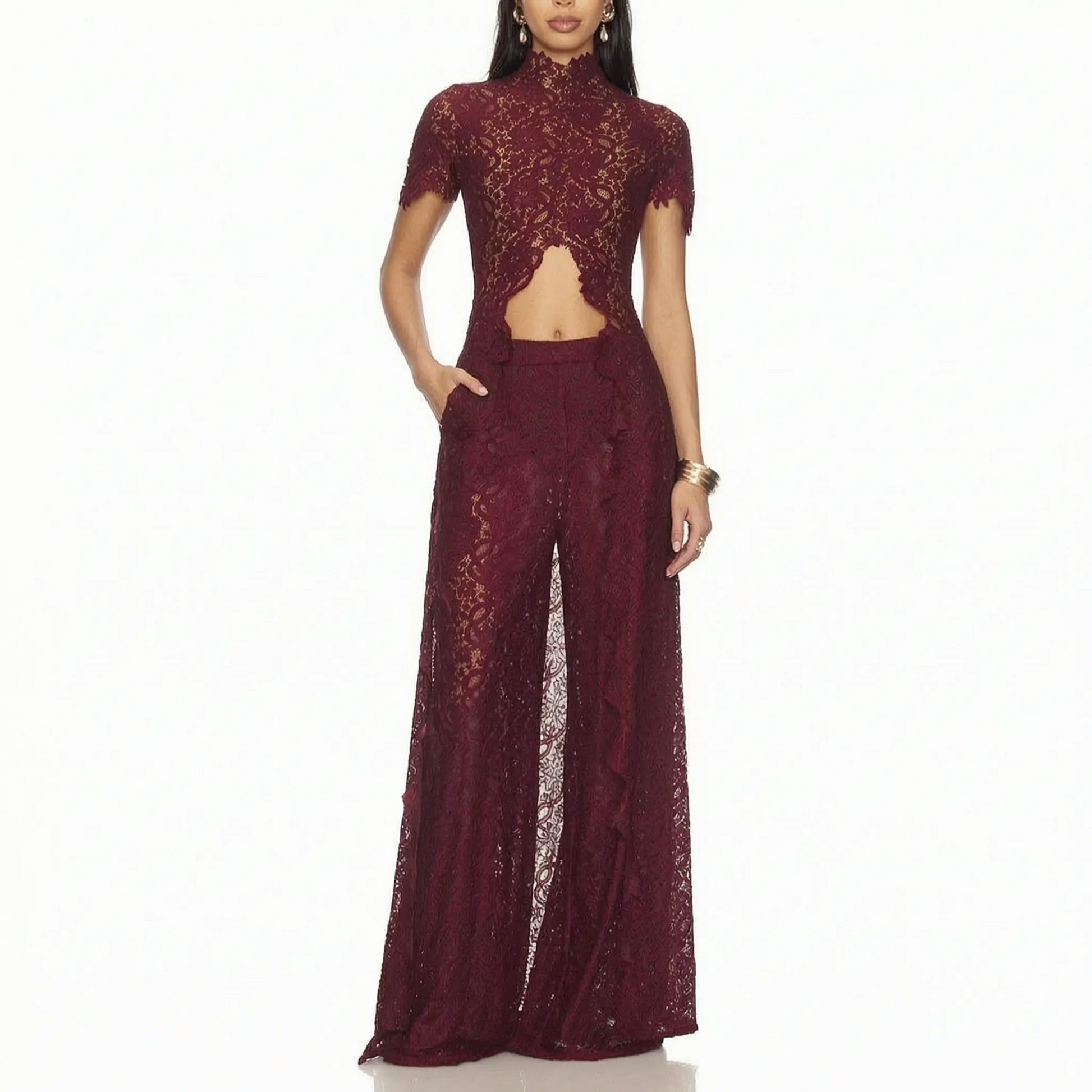 Two Piece Sheer Patterned Pants Set