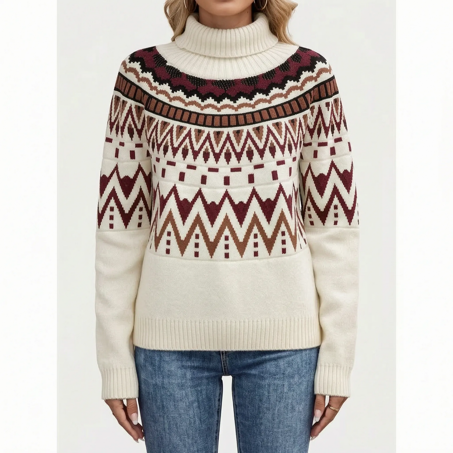 Vintage Geometric Pattern Turtleneck Sweater