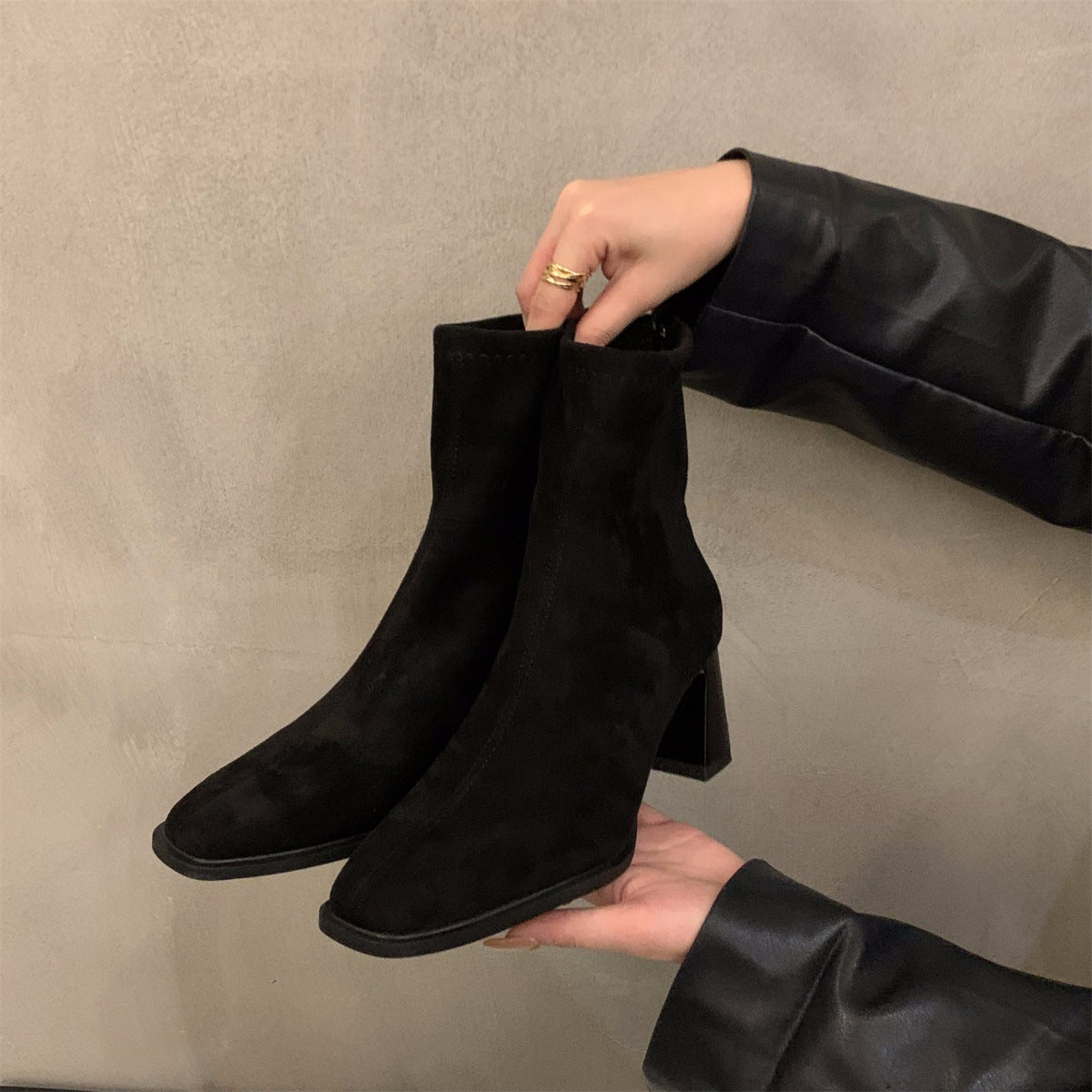 Suede Block-Heel Sock Boots